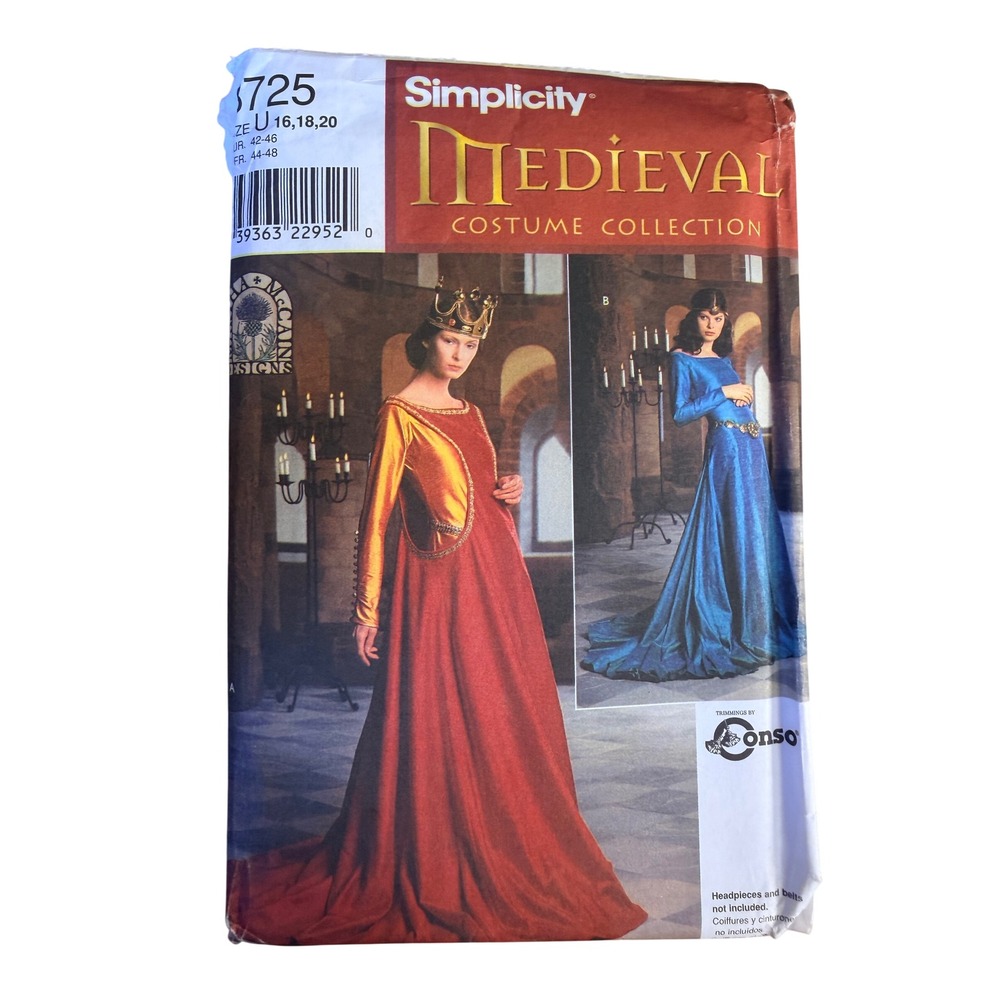 Uncut Simplicity 8725 Medieval Costume Pattern Size 16-20 Ren Faire Gown Gothic